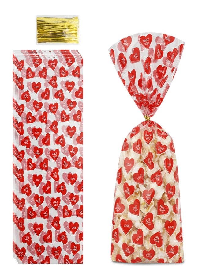 QIHOMPIB Valentines Treat Bags, 100 PCS Valentines Goodie Bags, Valentines Day Plastic Goodie Candy Goody Cookie Favor Ziplock Cellophane Treat Bags for Classroom Party Small Mini Valentines Gift Bags Bulk - Image 1